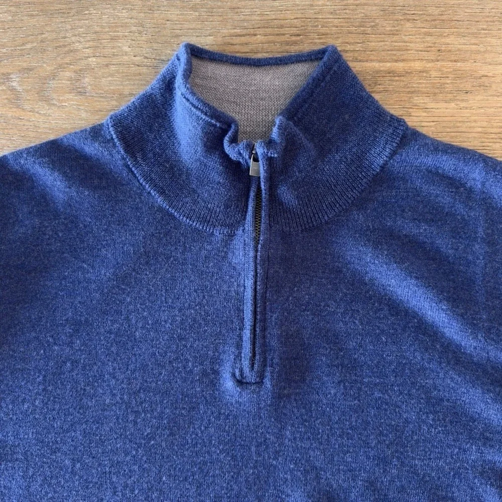 Nordstrom 100% Washable Merino‎ Wool 1/4 Zip Sweater-Blue-Contrast Neck-Size XL